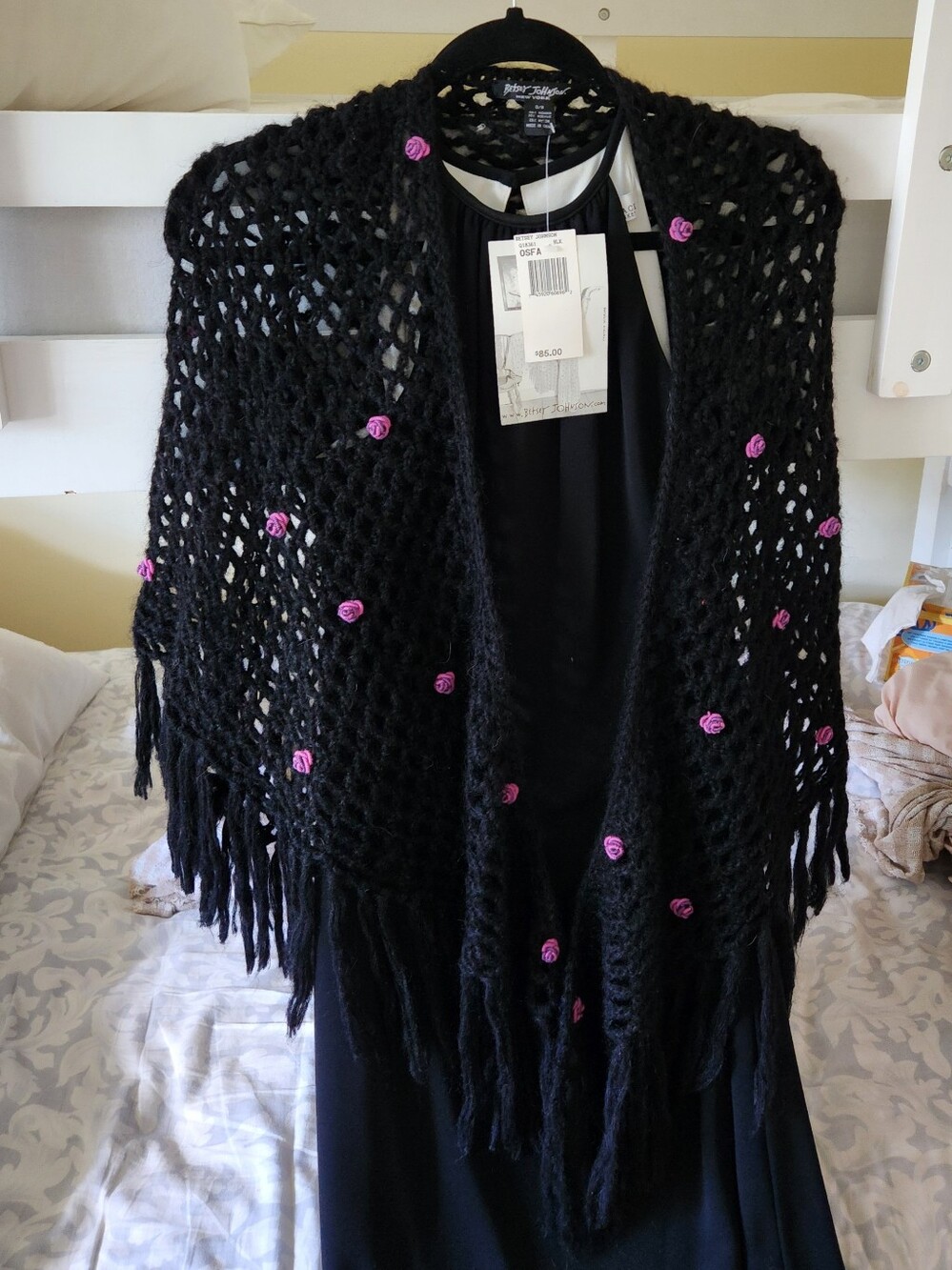 NWT Betsey Johnson Vtg Yarn Rosette Goth Whimsy Fringe Mohair Shawl Dress Topper